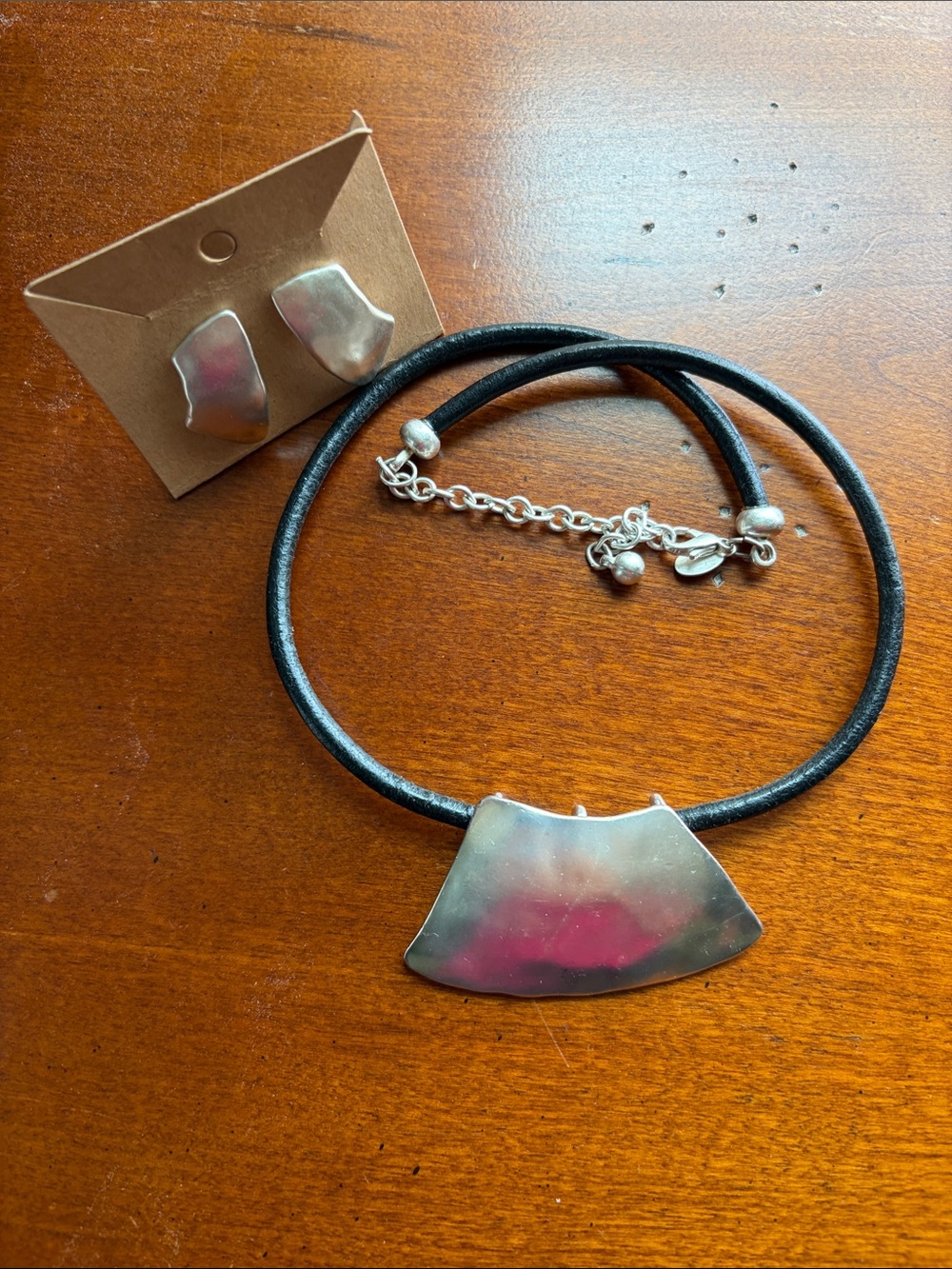 Chico’s Silver Accent Leather Collar Necklace and Stud Earring Set